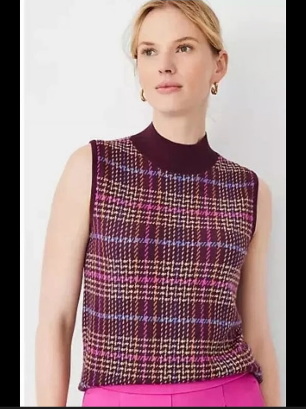 Ann Taylor plaid jacquard mock neck sleeveless sweater burgundy XL NEW